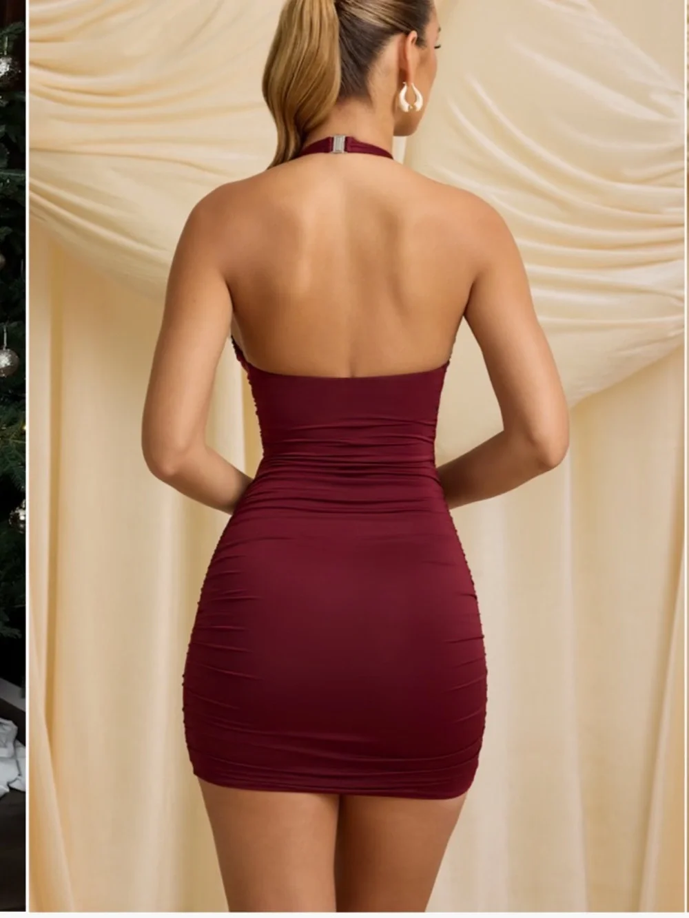 Oh Polly Sofija Slinky Jersey Ruched Halterneck Mini Dress Wine Red Sz 4 NWT - Picture 4 of 7